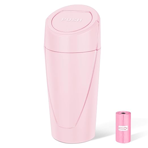Car Trash Can, Leakproof Mini Car Garbage Can Cup Holder with Lid | Car Door Trash Bin with 20 Trash Bags, Vehicle Front Back Seat Organizers and Storage for Car, Home, Office, Pink