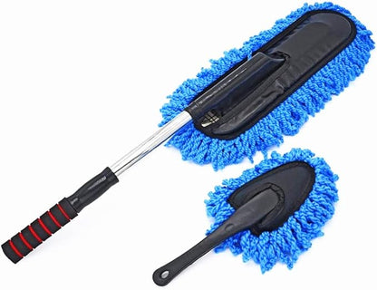 Removable Telescopic Car Wax Drag Nano Fiber Car Wash Brush Car Dusting Tool Car Mop Wax Dash Duster Exterior Interior Cleaning Kit (Premium Car Duster & Dash Duster 2 Pcs Set, Blue)
