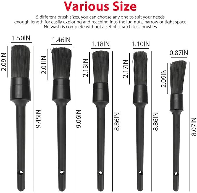 Auto Detailing Brushes - 5 Pcs | Long Bristles, No Scratches, 5 Boar Hair Car Cleaning Brush Kit with Plastic Grip for Vehicle Dashboard, Air Vents, Interior, Exterior, Engine &Wheels
