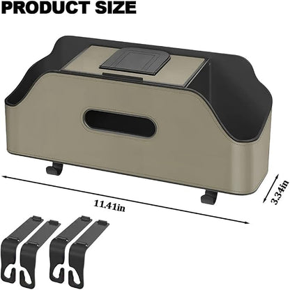 Car Backseat Headrest Organizer, Multifunctional 4-in-1 Back Seat Tissue Box with Cup Holders Hooks, Auto Seat Back Storage Organizer for Hold Phones, Drinks, Bags, Universal Fit (Beige)