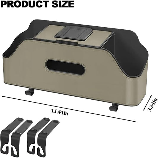 Car Backseat Headrest Organizer, Multifunctional 4-in-1 Back Seat Tissue Box with Cup Holders Hooks, Auto Seat Back Storage Organizer for Hold Phones, Drinks, Bags, Universal Fit (Beige)
