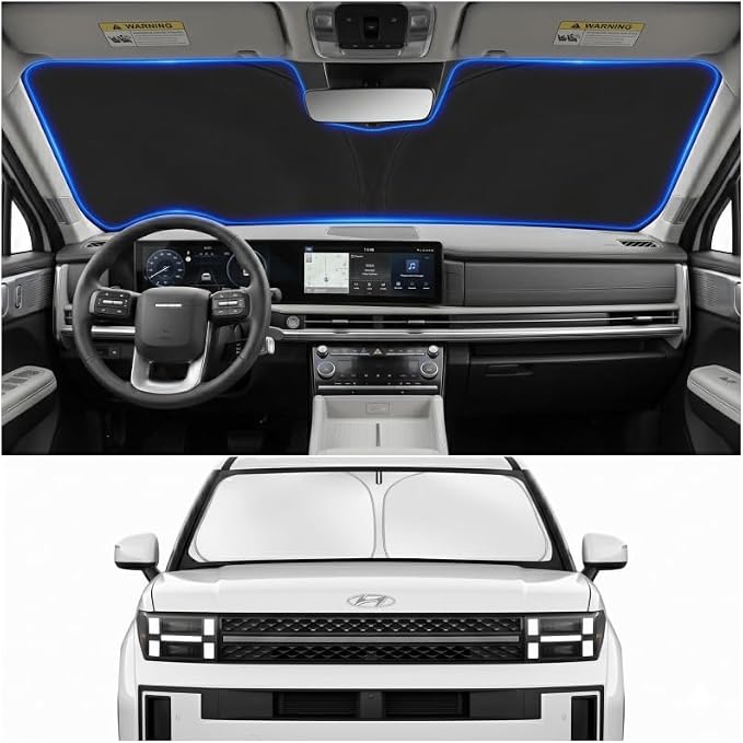 Custom Fit Windshield Sun Shade for Hyundai Santa Fe 2024-2026 | Custom Fit Windshield Cover, Blocks UV Rays, Double-Layer Heat Shield, Durable Frame, Easy Fold & Storage
