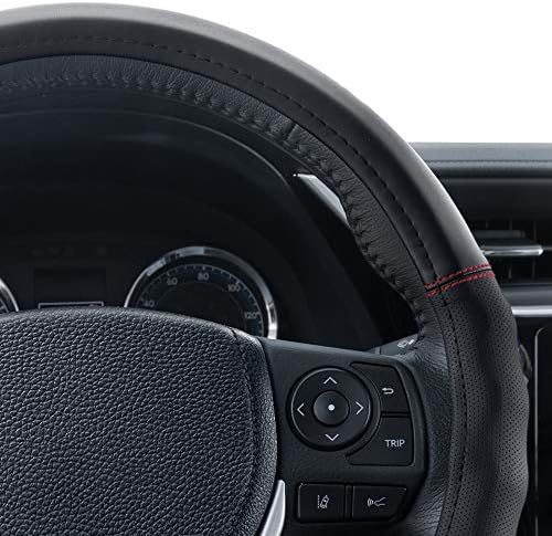 Motor Trend Faux Leather Steering Wheel Cover, Standard 15 inch Size, Comfort Grip Design, Solid Black Car Steering Wheel Cover for Truck Van SUV Auto