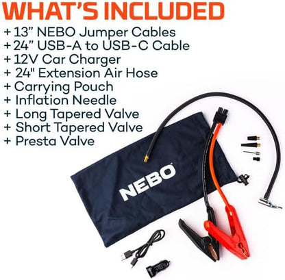 NEBO Assist 2000A Jump Starter & Air Compressor | 2000 Peak Amps, 55.5Wh Portable Car Jump Box for 12V Vehicles & Tire Inflator with Auto Shut-Off, Spark-Proof, USB-C Power Bank, Emergency LED Light