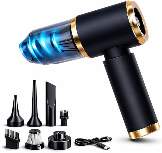 Portable Car Vacuum and Air Duster, 9000pa Suction, 4000mah Battery, USB-C Charging, Black and Gold, with 6 Attachments