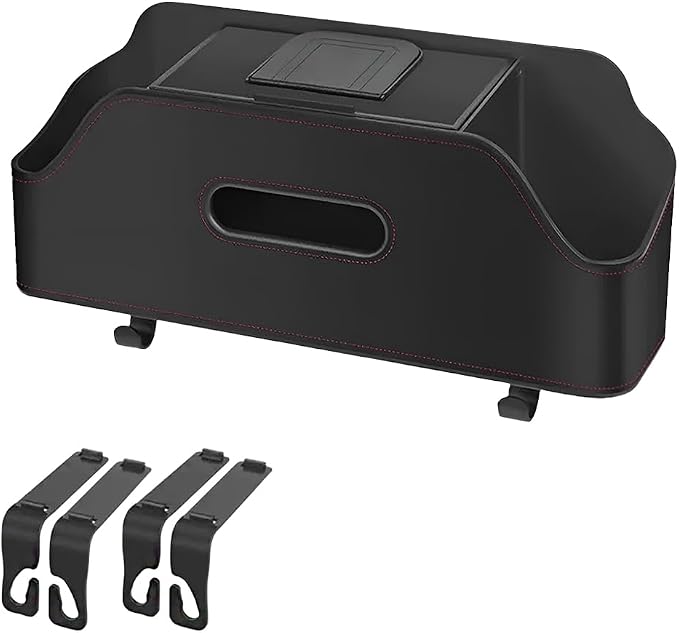Car Backseat Headrest Organizer, Multifunctional 4-in-1 Back Seat Tissue Box with Cup Holders Hooks, Auto Seat Back Storage Organizer for Hold Phones, Drinks, Bags, Universal Fit (Black)