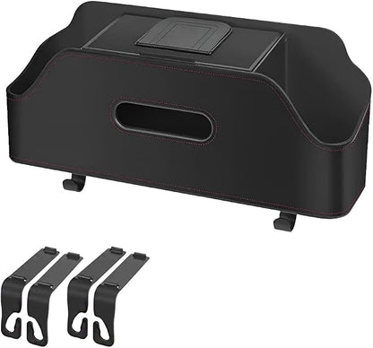 Car Backseat Headrest Organizer, Multifunctional 4-in-1 Back Seat Tissue Box with Cup Holders Hooks, Auto Seat Back Storage Organizer for Hold Phones, Drinks, Bags, Universal Fit (Black)