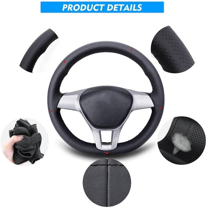 Carodi Leather Steering Wheel Cover, Breathable Non-Slip Design, Soft and Comfortable Feeling, Universal 15 Inch Auto Car Steering Wheel Stitch on Wrap（Size M+, Black）