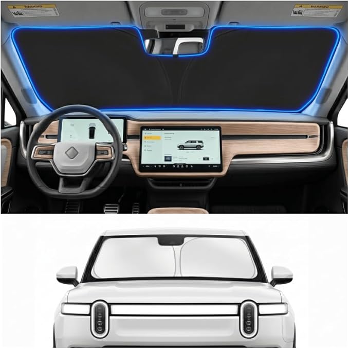 Custom Fit Windshield Sun Shade for Rivian R1S / R1T 2022-2026 | Custom Fit Windshield Cover, Blocks UV Rays, Double-Layer Heat Shield, Durable Frame, Easy Fold & Storage