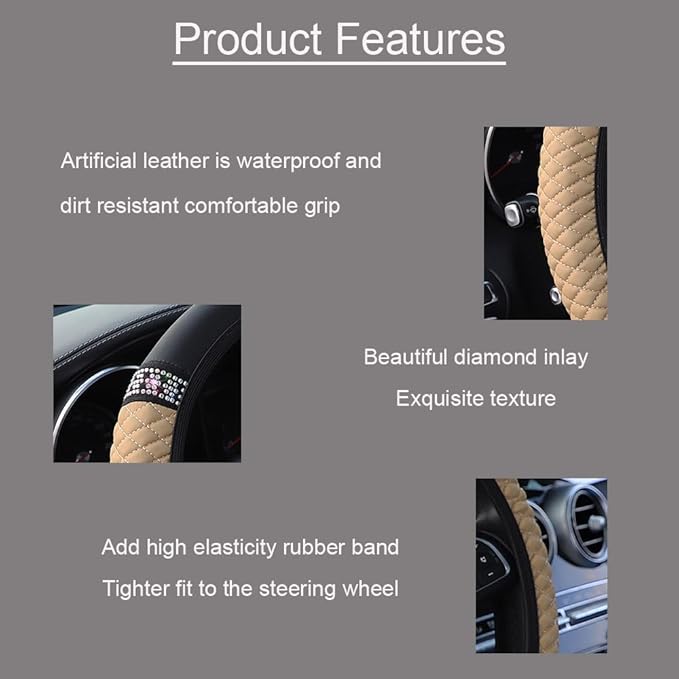 Microfiber Leather Steering Wheel Cover with Anti-Slip Lining Universal Car Accessory for Steering Wheel with a Diameter of 14.5-15 inch (Beige)