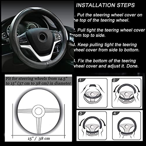 Rueesh Microfiber Leather Steering Wheel Cover Anti-Slip Matte Finish Auto Car Wheel Cover Universal 15 Inch Wheel Cover for Car Embossing Pattern Black Line