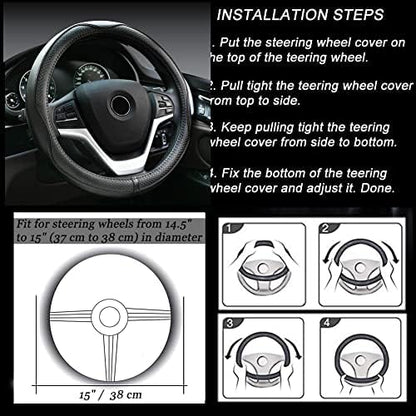 Rueesh Microfiber Leather Steering Wheel Cover Anti-Slip Matte Finish Auto Car Wheel Cover Universal 15 Inch Wheel Cover for Car Embossing Pattern Black Line