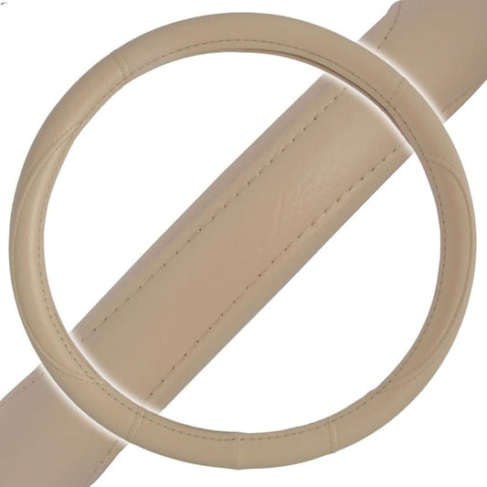 BDK Ergonomic Grip Steering Wheel Cover - Leather Performance Grip for Standard Size Wheels 14.5-15 inch Beige