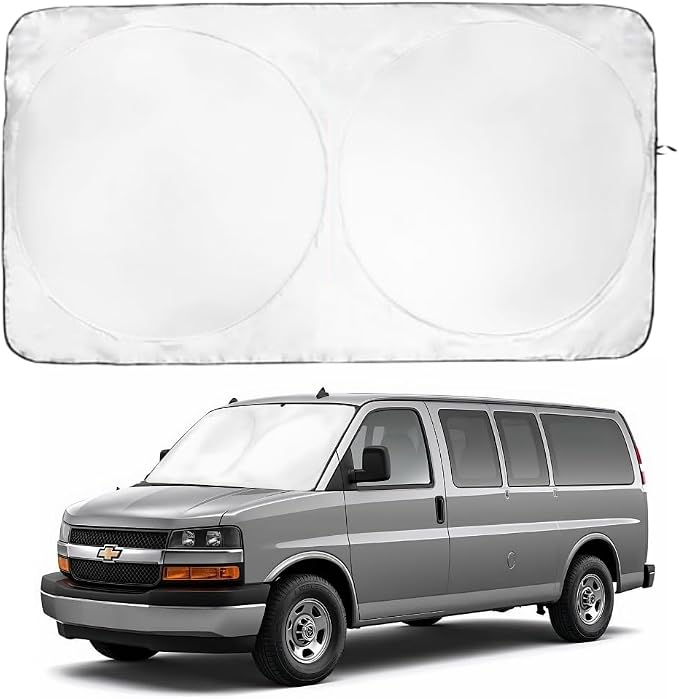 Windshield Sun Shade | Compatible for Chevrolet Express 1996-Present | Certified 99.87% UVB & 99.02% UVA Car Sun Shade. Award Winning Sunshade - Patented Technology | Car Shades by Kinder Fluff