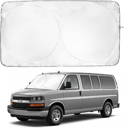 Windshield Sun Shade | Compatible for Chevrolet Express 1996-Present | Certified 99.87% UVB & 99.02% UVA Car Sun Shade. Award Winning Sunshade - Patented Technology | Car Shades by Kinder Fluff
