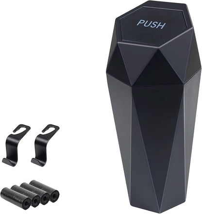 BFXM Car Trash Can, Car Trash Bin with Lid, Car Accessories for Women Interior, Car Garbage Can with Additional 2 ABS Hooks and 60pcs Trash Bags, Suitable for Home, Office, Car Organizer, Black