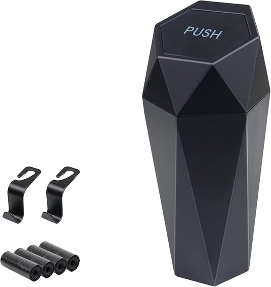 BFXM Car Trash Can, Car Trash Bin with Lid, Car Accessories for Women Interior, Car Garbage Can with Additional 2 ABS Hooks and 60pcs Trash Bags, Suitable for Home, Office, Car Organizer, Black