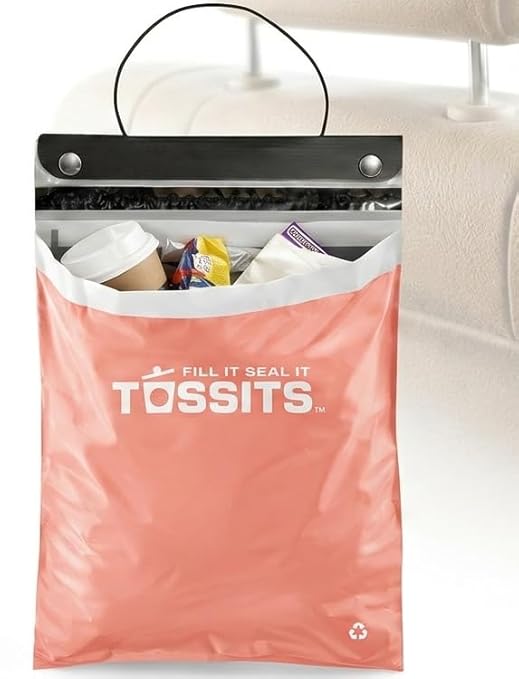 Tossits Disposable Car Trash Bag Hanging (Pink, Set of 7) - Leak-Proof, Smell-Proof Automobile Trash Container, Eco-Friendly, Thick, Large 12x15 Car Trash Bin with Sturdy Header Board