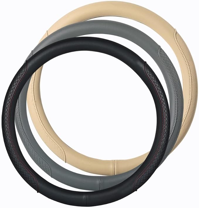 Microfiber Leather Steering Wheel Cover with Classic Embossing, Anti-Slip Breathable Auto Car Wheel Protector, Fit 15 Inch (Beige)