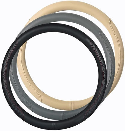 Microfiber Leather Steering Wheel Cover with Classic Embossing, Anti-Slip Breathable Auto Car Wheel Protector, Fit 15 Inch (Beige)