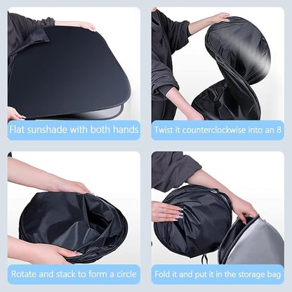 Car Windshield Sun Shade,Foldable Reflective Sun Visor,Sun Heat and UV Rays Blocker,210T Coated Silver Cloth Reflective Polyester