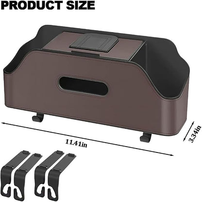 Car Backseat Headrest Organizer, Multifunctional 4-in-1 Back Seat Tissue Box with Cup Holders Hooks, Auto Seat Back Storage Organizer for Hold Phones, Drinks, Bags, Universal Fit (Brown)