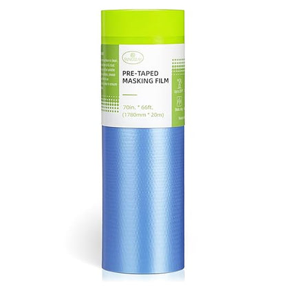 Tangibay Pre-Taped Masking Film for Painting - 70" x 66' Painters Plastic Sheeting for House & Automotive Paint, Tape and Drape for Covering Cars, Walls, Windows and Furniture Protection (1 Roll)