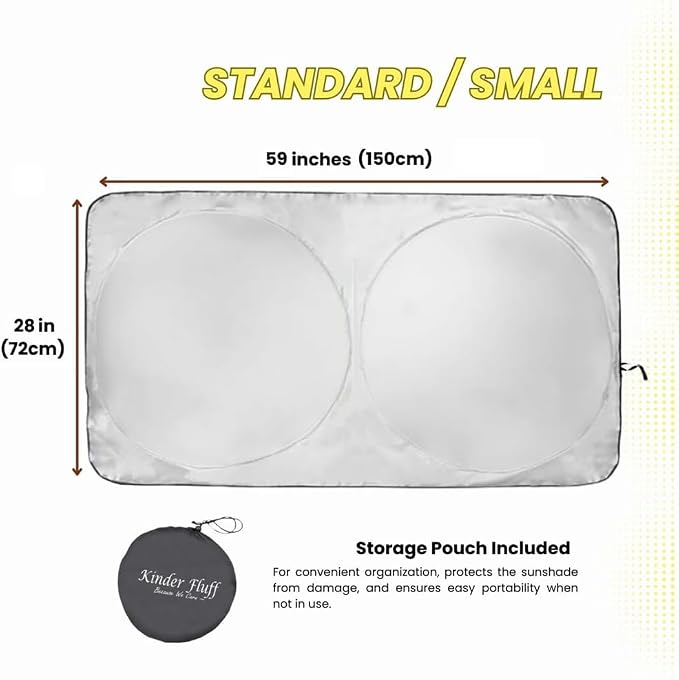 Windshield Sun Shade - Certified 99.87% UVB & 99.02% UVA Protection Car Sun Shade. Award Winning Sunshade for Car Windshield with Patented Technology. Size S 53"x26" Car Window Shades by Kinder Fluff