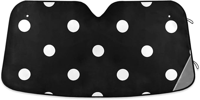 Cars Front Sun Shade Windshield,Foldable Reflective Sun Visor Black Background White Polka Dots Pattern Windshield Sunshade Cover,Blocks UV Ray Sun Protect Interior Keep Cool,53" x 23.5 "