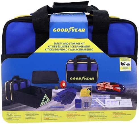 Goodyear GY5011 Safety and Storage Kit 2 in 1 Car Accessories for Women and Men, First Aid Roadside Assistance Kit with Jumper Cables, Emergency Power Bank, Tire Gauge, Warning Triangle, and Blanket
