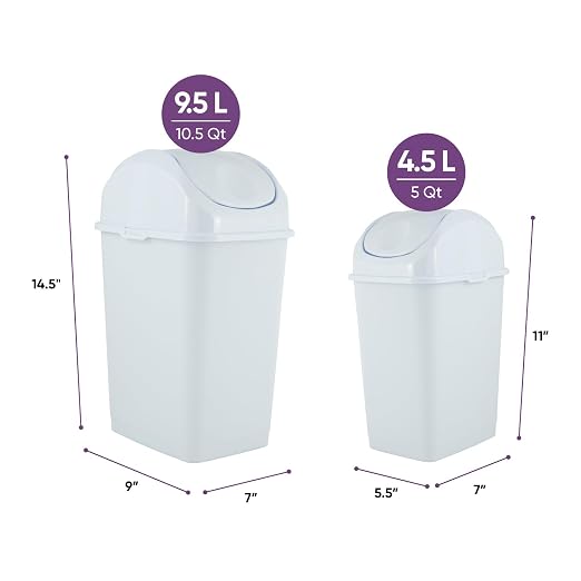 Superio Mini 1.25 Gallon and Small 2.5 Gallon Plastic Trash Cans with Swing Top Lid, Grey Waste Bin for Countertop, Desk, Vanity, Bathroom, 2 Pack (White)