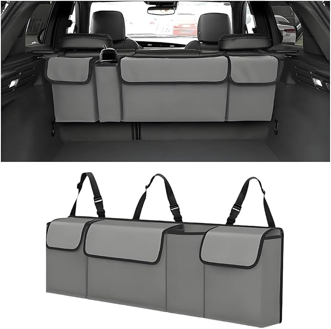 Car Trunk Organizer with Lid, Large Waterproof Vehicle Backseat Hanging Storage Bag with 4 Pockets & Adjustable Straps, Collapsible Automotive Interior Cargo Bag, Universal Fit (Grey)