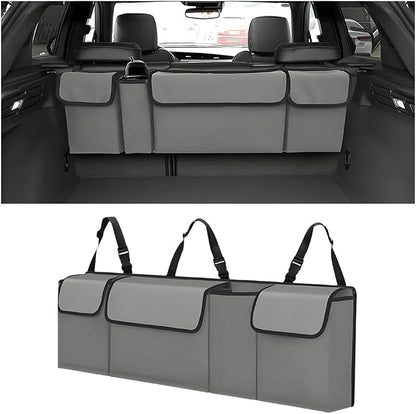 Car Trunk Organizer with Lid, Large Waterproof Vehicle Backseat Hanging Storage Bag with 4 Pockets & Adjustable Straps, Collapsible Automotive Interior Cargo Bag, Universal Fit (Grey)