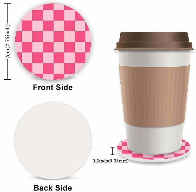 Hot Pink Checkered Steering Wheel Cover for Women, Universal Auto Steering Wheel 14-15 Inch Car Interior Accessories with 2PCS Car Coasters, Suitable for Men and Women
