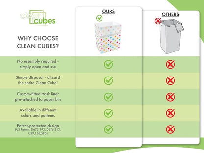 Clean Cubes 13 Gallon Disposable Pop-Up Trash Cans (6-Pack) with Fitted Bags – Foldable Garbage & Recycling Bins for Parties, Events & Kitchen (Polka Dot, 17" H x 13.5" W x 10" D)