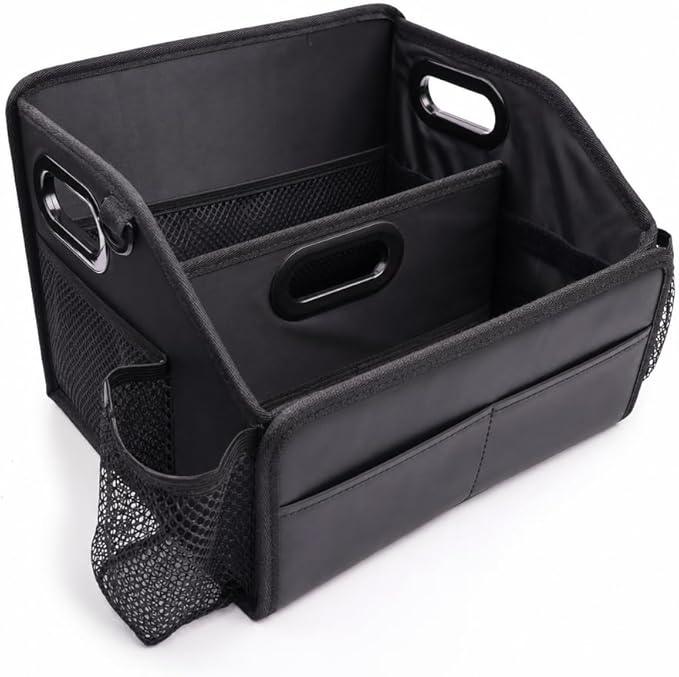 Car Storage Organizer with 2 Cup Holders Reinforced Dividable Leather Car Caddy Basket for Front Seat Floor Back Sturdy Frosted Handle 8 Compartments Adjustable Strap Buckles Slip-Resistant