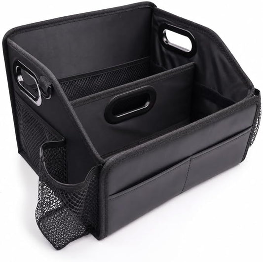 Car Storage Organizer with 2 Cup Holders Reinforced Dividable Leather Car Caddy Basket for Front Seat Floor Back Sturdy Frosted Handle 8 Compartments Adjustable Strap Buckles Slip-Resistant