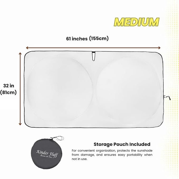 Windshield Sun Shade - Certified 99.87% UVB & 99.02% UVA Protection Car Sun Shade. Award Winning Sunshade for Car Windshield with Patented Technology. Size M Car Window Shades by Kinder Fluff