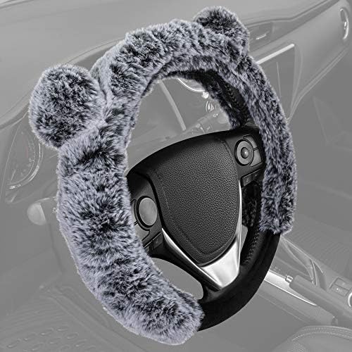 BDK Bear Fur Plush Steering Wheel Cover - Cute Faux Wool Protector for Women Girls Fits Wheels 14.5-15 inch Gray - with Ears