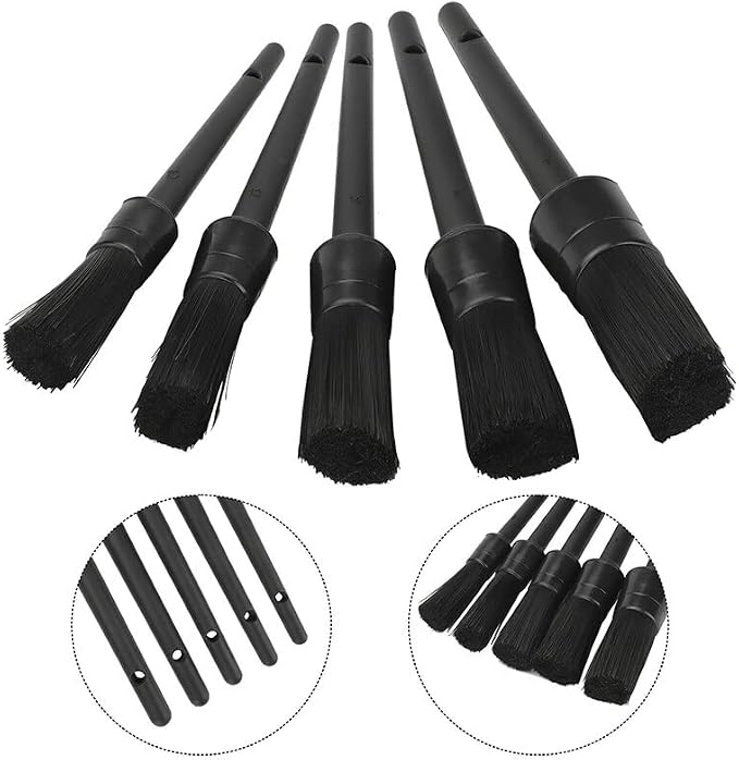 Auto Detailing Brushes - 5 Pcs | Long Bristles, No Scratches, 5 Boar Hair Car Cleaning Brush Kit with Plastic Grip for Vehicle Dashboard, Air Vents, Interior, Exterior, Engine &Wheels