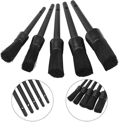 Auto Detailing Brushes - 5 Pcs | Long Bristles, No Scratches, 5 Boar Hair Car Cleaning Brush Kit with Plastic Grip for Vehicle Dashboard, Air Vents, Interior, Exterior, Engine &Wheels
