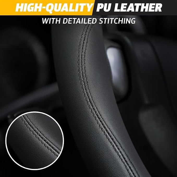 EcoNour Car Steering Wheel Cover | Premium & Durable PU Leather with Anti-Slip Design | Universal Fit 14.5" - 15" Steering Wheel Cover | Car and Truck Accessories - Black