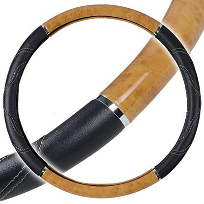 BDK Motor Trend Ergonomic Heavy Duty Large Steering Wheel Cover for Trucks Big Rigs Bus 18" Inch Large Steering Wheel, Light Wood with Black Leather Grip, Improve Grip Anti-Fatigue for Long Drives