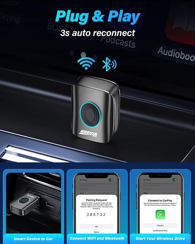 2-in-1 Wireless CarPlay Android Auto Adapter, All-Metal Build, One-Click Device Switch, Ultra Low Latency Plug and Play for Factory Wired CarPlay Vehicles