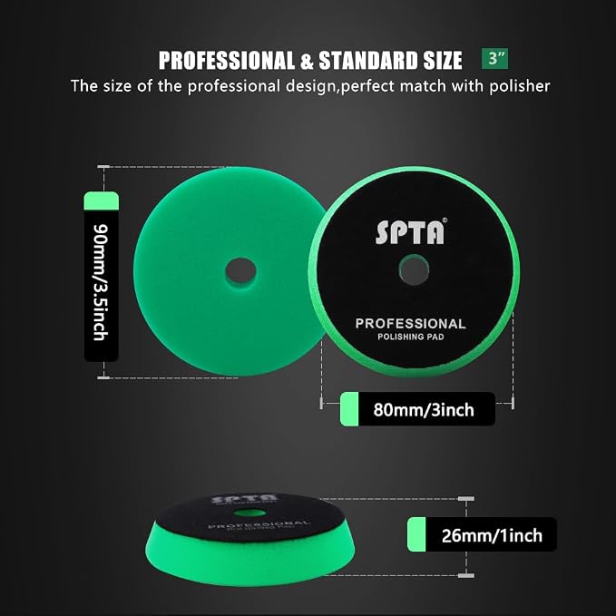 SPTA Green T120 Heavy-Cut Polishing Foam Pad, 1Pc 3.5 Inch Face for 3 Inch 80mm Backing Plate Compound Buffing Sponge Pads for Car Buffer Polisher Compounding, Polishing and Waxing -FPBFS3G