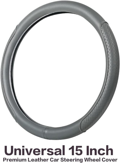 Microfiber Leather Steering Wheel Cover, Classic Embossing, Anti-Slip, Breathable, 15 Inch, Gray