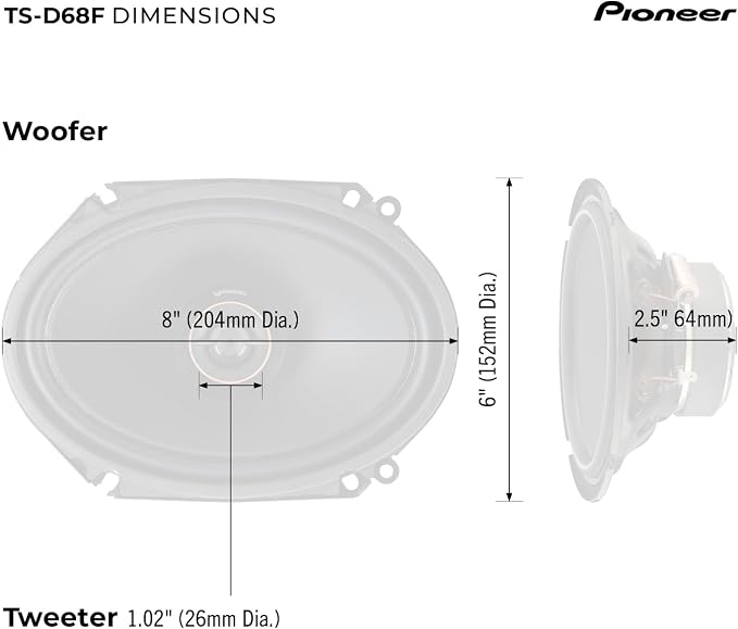 Pioneer D-Series TS-D68F 6” x 8” 2-Way Speakers (Pair) – 280W Max, Balanced Sound + Smooth Treble, Ideal Factory Upgrade, Add an Amplifier for Even Better Performance