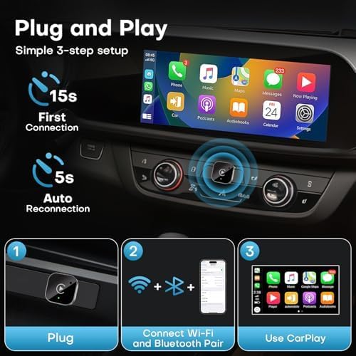 Wireless CarPlay Adapter for iPhone & Android - No Lag, Fast Auto Connect, Stable CarPlay Wireless Dongle, Mini Size Plug & Play USB/USB-C Adapter for Auto Compatible Cars
