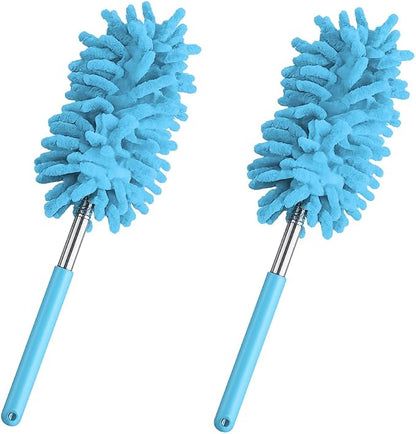 2PCS Car Interior Duster with Extension Pole, 9.45" to 28.35" Microfiber Soft Vehicle Dash Dusting Detailing Wash Brushes, Automotive Dash Cleaning Tool, Universal for SUV RV Truck (Blue)
