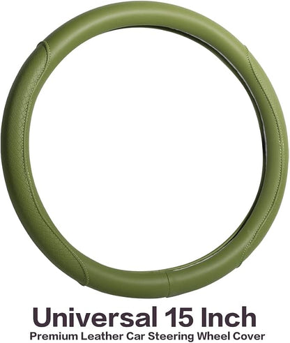 Steering Wheel Cover - Microfiber Leather with Classic Embossing, Anti-Slip Breathable Fit 15 Inch Wheel Protector (Green)